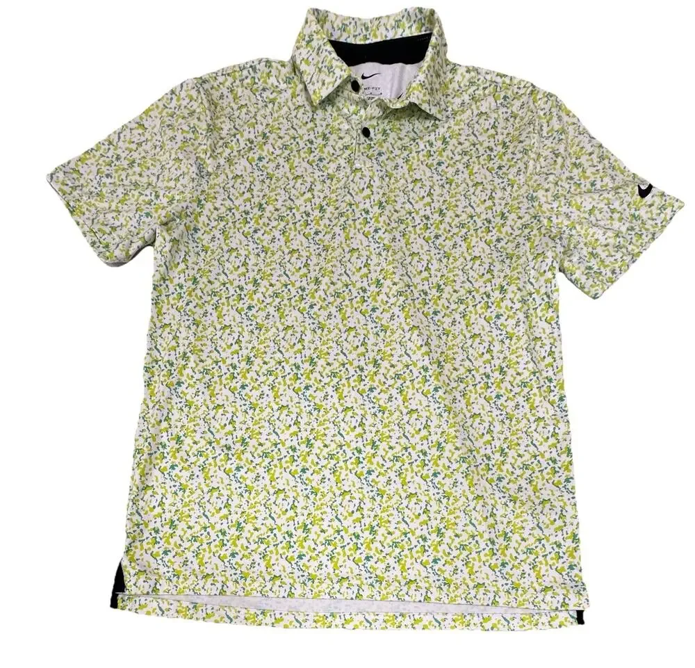 Nike Shirt Mens Med Yellow Green White Dri-FIT Tour Camo Golf Performance Polo